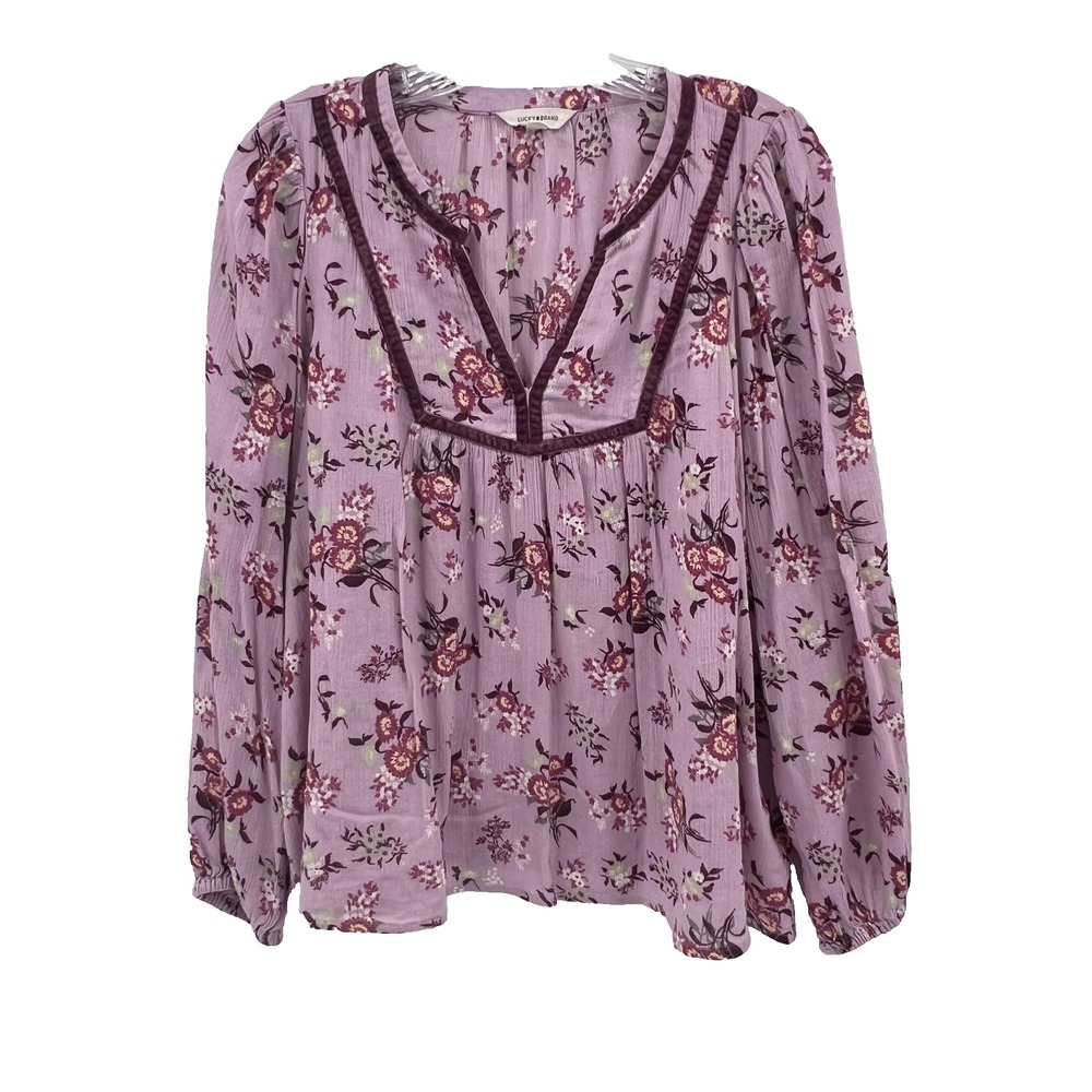 LUCKY BRAND Women's S Lavender Floral Print Balloon-Sleeve V-Neck Smocked Blouse